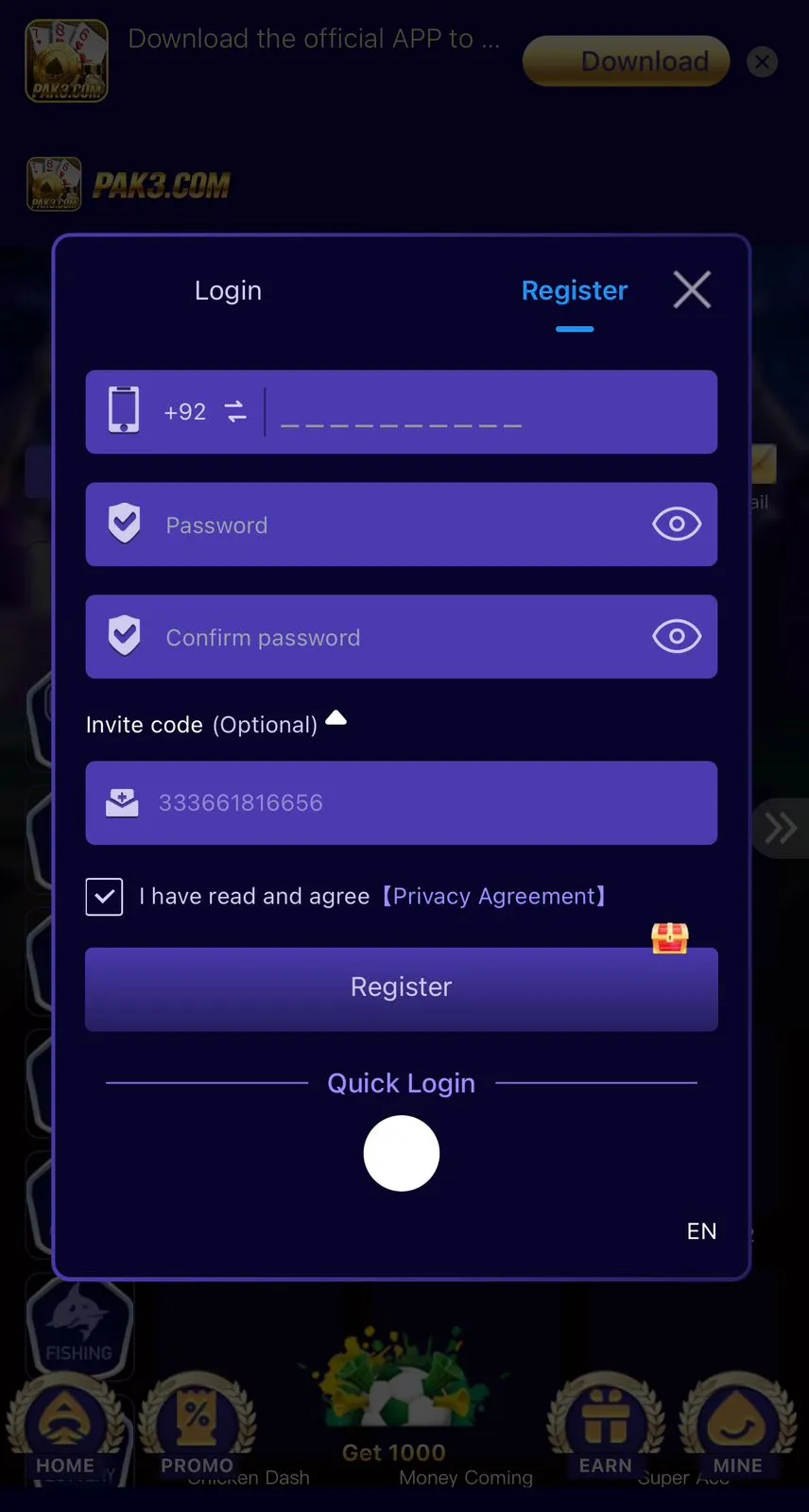 PAK3 Game Register and Login Process